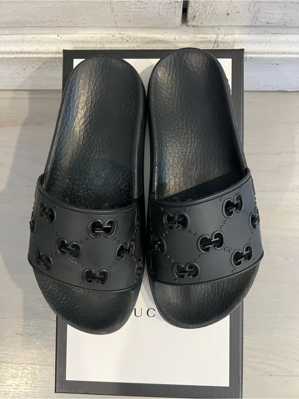 Gucci Black Embossed GG Rubber Slide Sandals